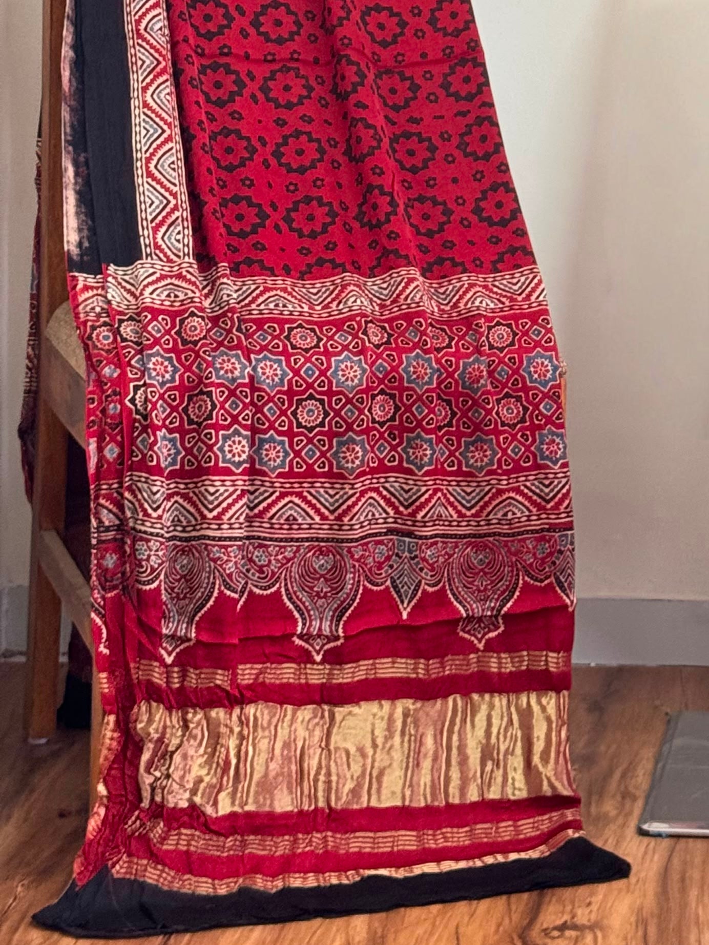 Ajrakh Hand Block Print Natural Dye Pure Modal Silk 3 Piece Suit with Zari Pallu Dupatta