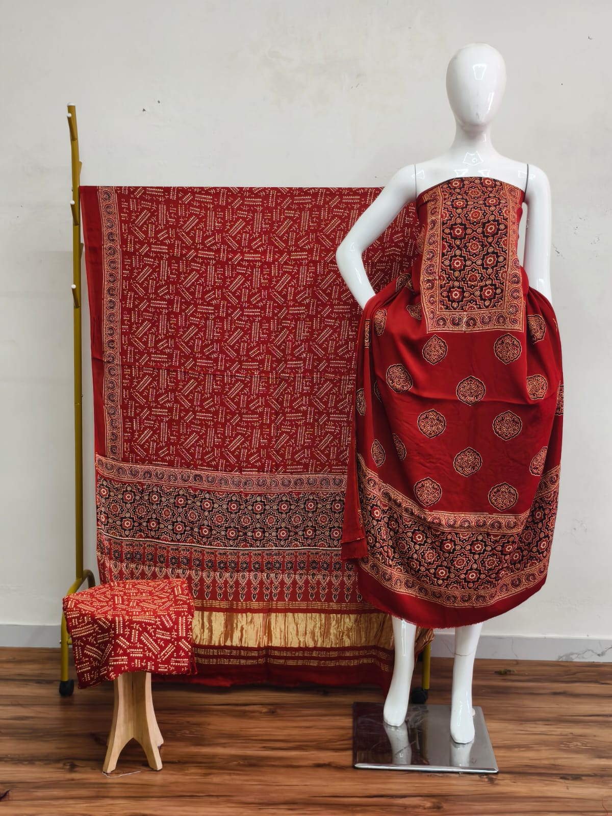 Havi Modal Silk Ajrakh Neptol Dye & Discharge Print Panel Design 3-Piece Suit - The Ajrakh Studio