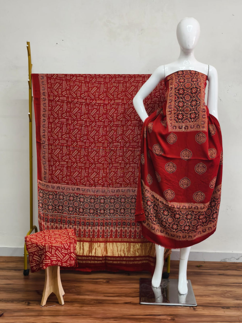 Havi Modal Silk Ajrakh Neptol Dye & Discharge Print Panel Design 3-Piece Suit - The Ajrakh Studio