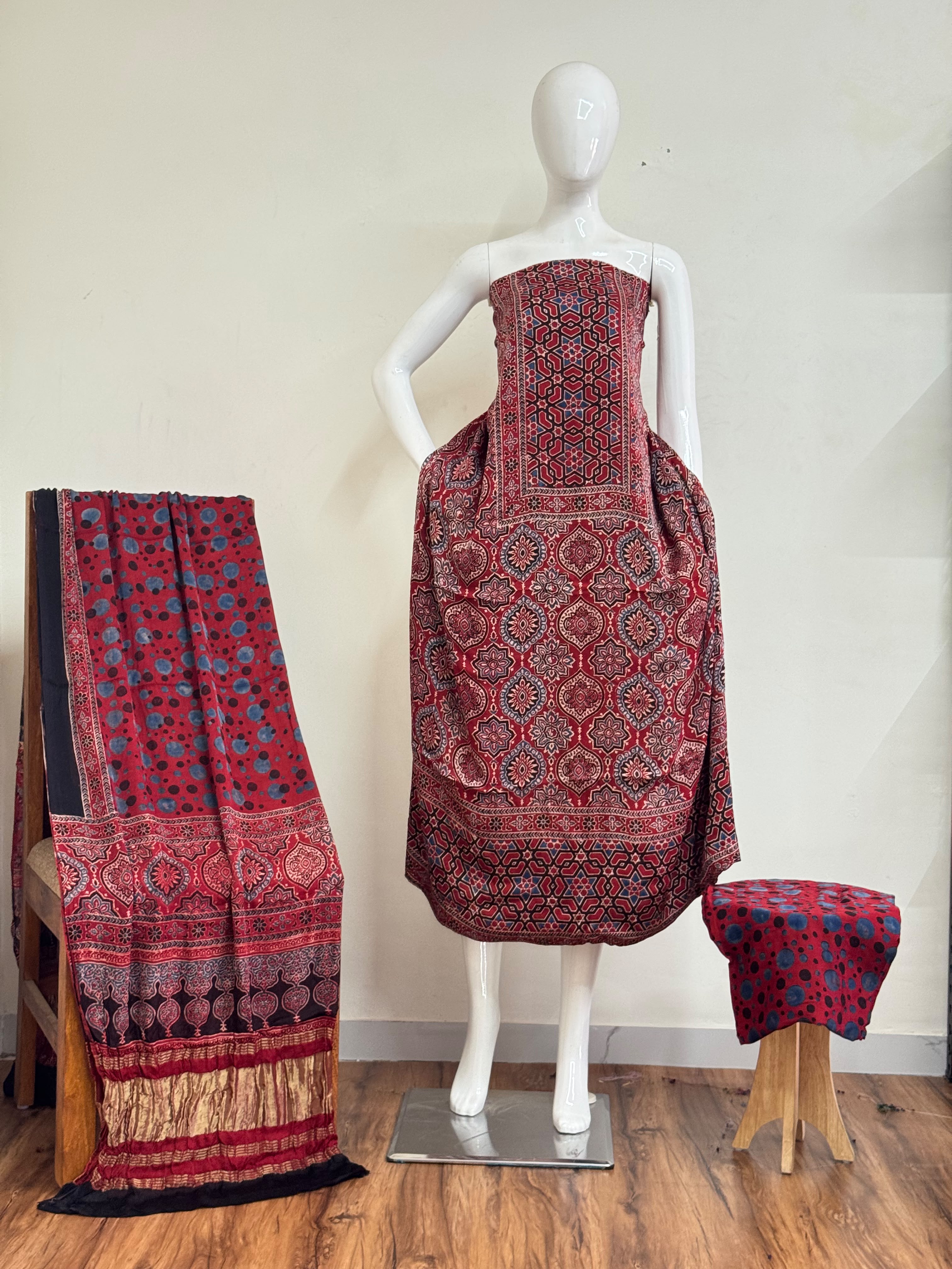 Ajrakh Hand Block Print Natural Dye Pure Modal Silk 3 Piece Suit with Zari Pallu Dupatta
