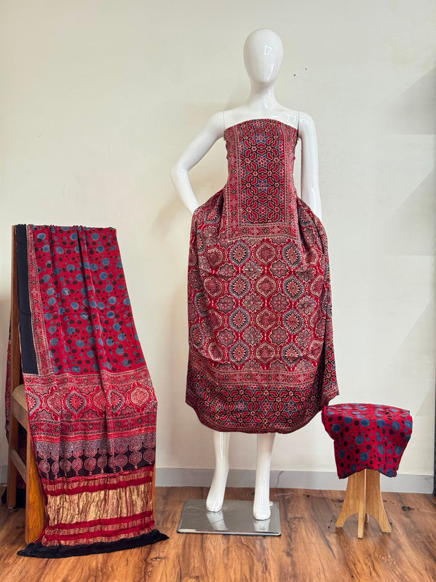 Ajrakh Hand Block Print Natural Dye Pure Modal Silk 3 Piece Suit with Zari Pallu Dupatta