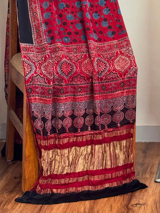 Ajrakh Hand Block Print Natural Dye Pure Modal Silk 3 Piece Suit with Zari Pallu Dupatta