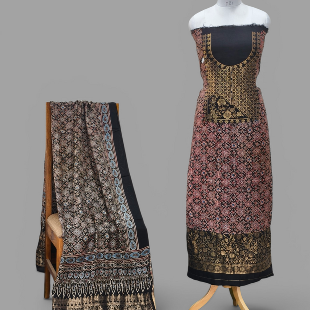 Premium Dola Silk Ajrakh Hand Block Print Natural Dye 2-Piece Suit with Zari Border Dupatta