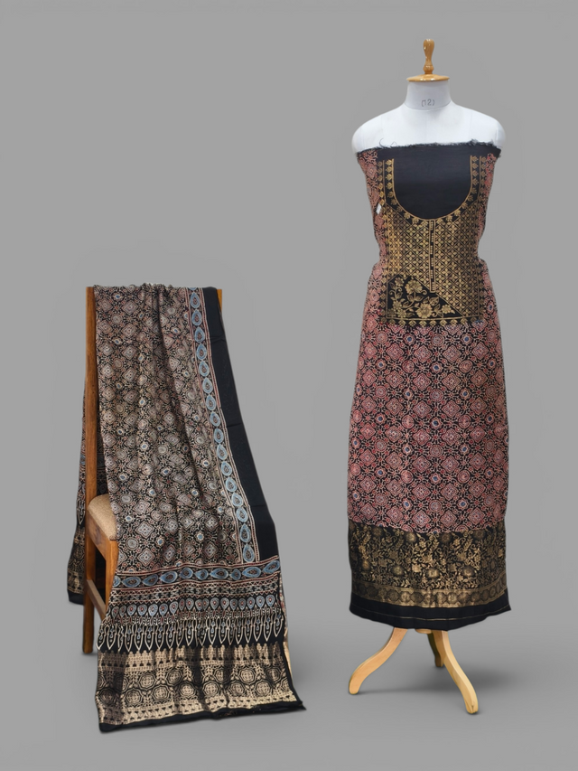 Premium Dola Silk Ajrakh Hand Block Print Natural Dye 2-Piece Suit with Zari Border Dupatta