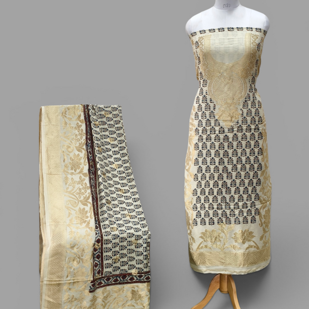 Premium Dola Silk Ajrakh Hand Block Print Natural Dye 2-Piece Suit with Zari Border Dupatta
