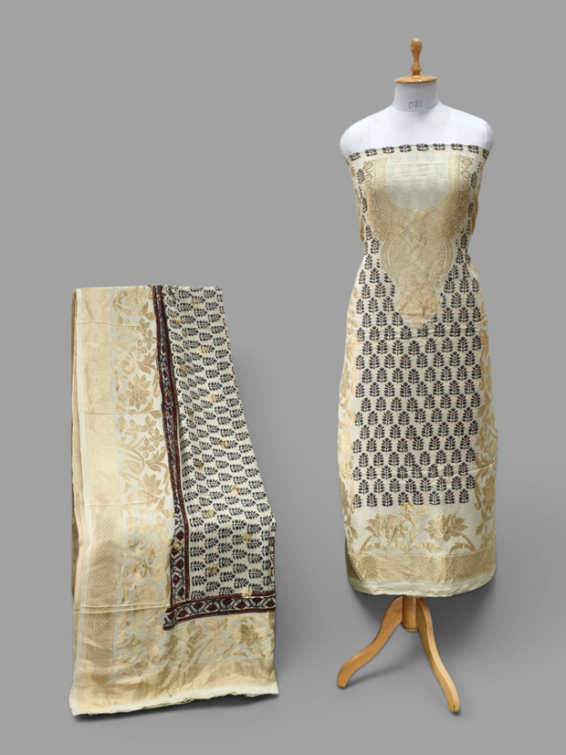 Premium Dola Silk Ajrakh Hand Block Print Natural Dye 2-Piece Suit with Zari Border Dupatta