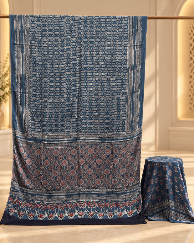 Elegant Modal Silk Ajrakh Hand Block Print Natural Dye Saree - The Ajrakh Studio