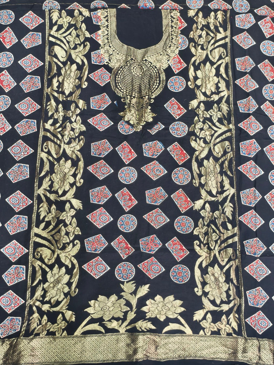 Premium Dola Silk Ajrakh Hand Block Print Natural Dye 2-Piece Suit with Zari Border Dupatta