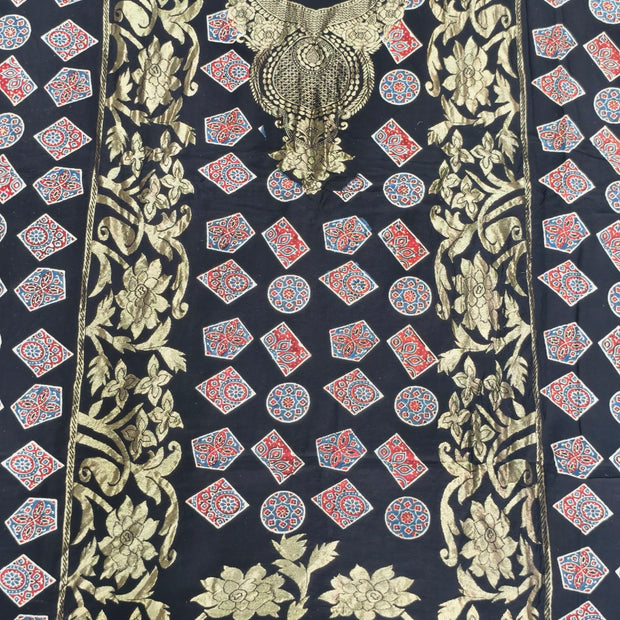 Premium Dola Silk Ajrakh Hand Block Print Natural Dye 2-Piece Suit with Zari Border Dupatta