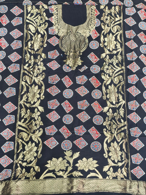 Premium Dola Silk Ajrakh Hand Block Print Natural Dye 2-Piece Suit with Zari Border Dupatta