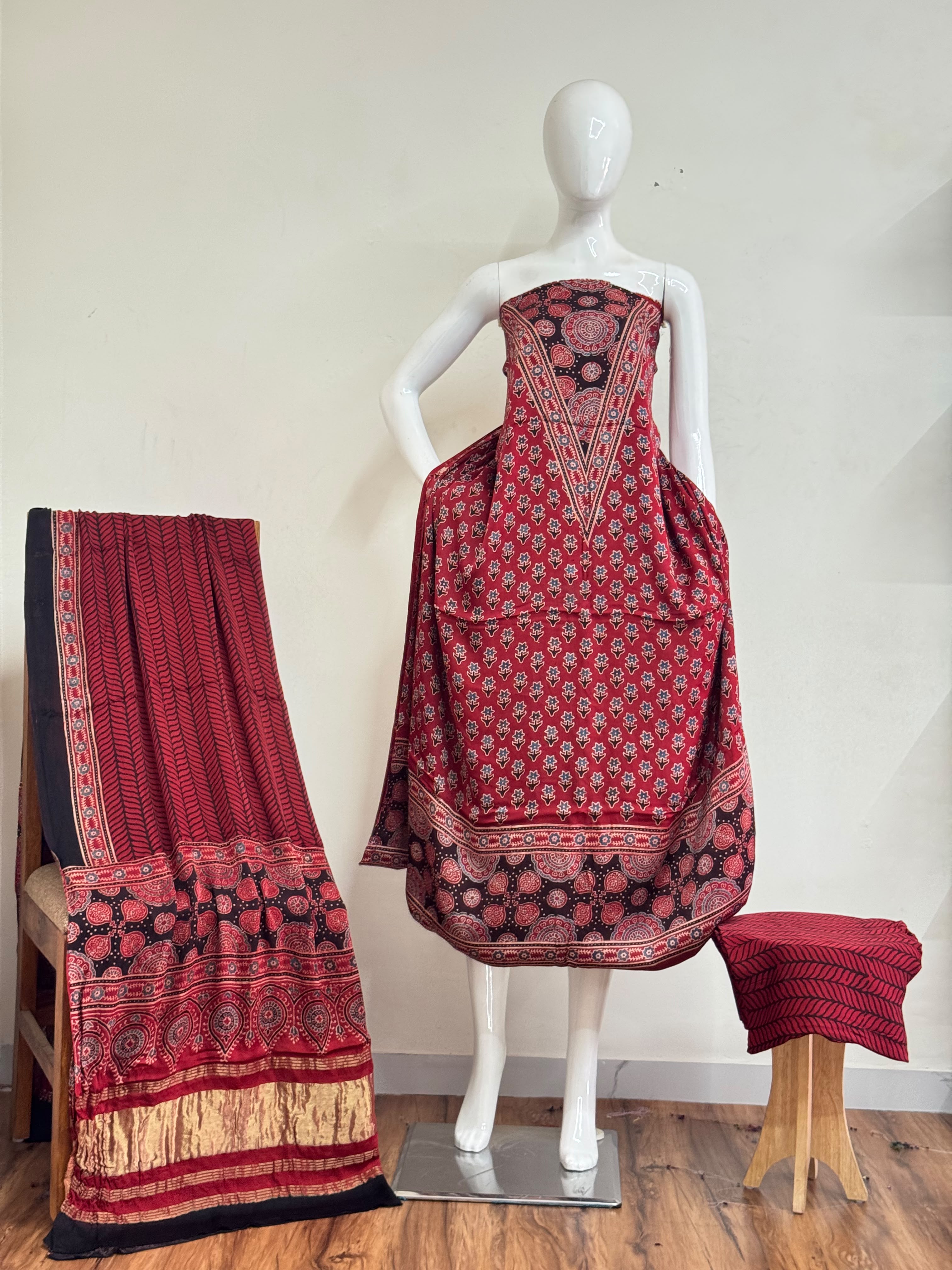 Ajrakh Hand Block Print Natural Dye Pure Modal Silk 3 Piece Suit with Zari Pallu Dupatta