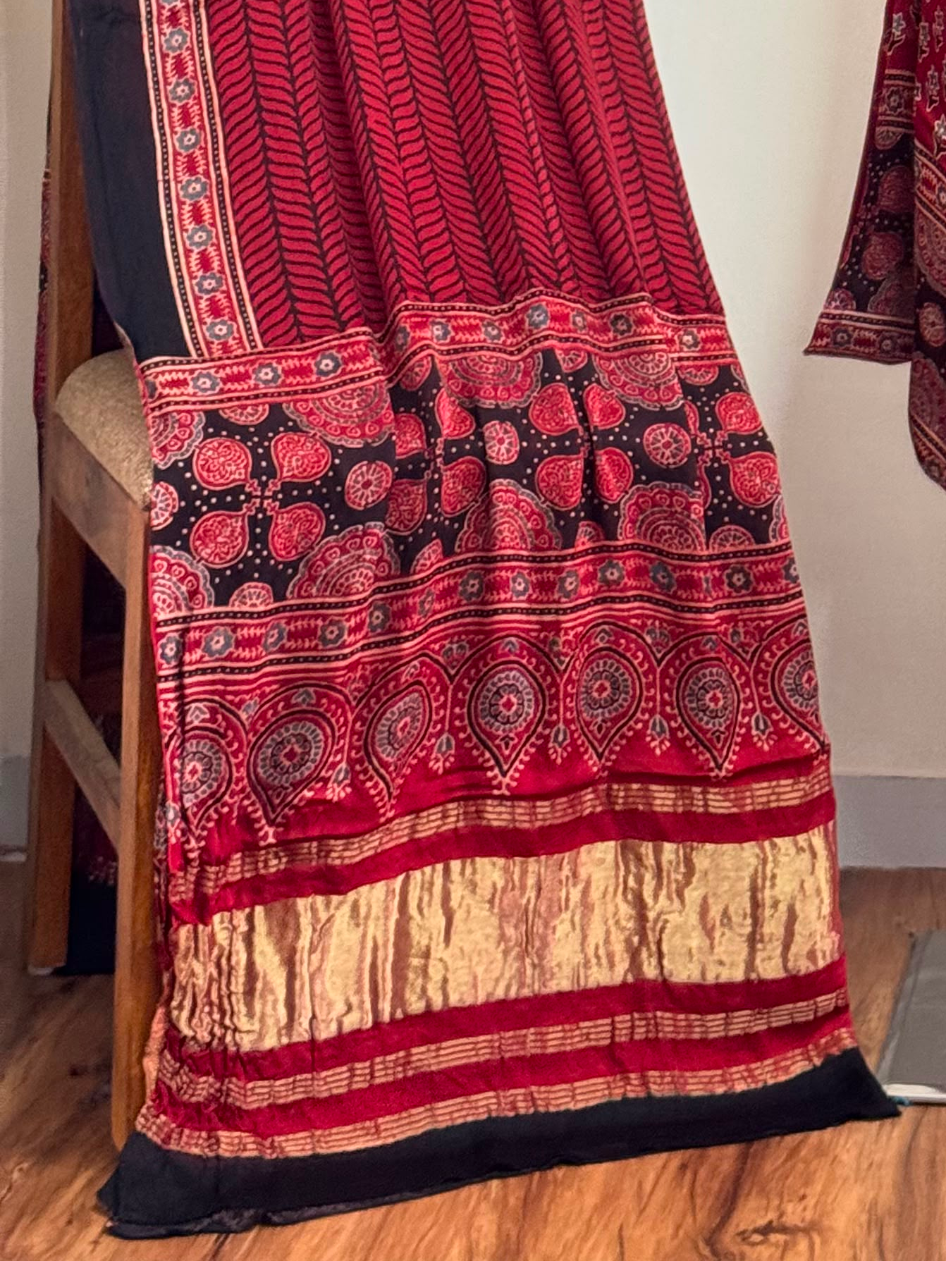 Ajrakh Hand Block Print Natural Dye Pure Modal Silk 3 Piece Suit with Zari Pallu Dupatta