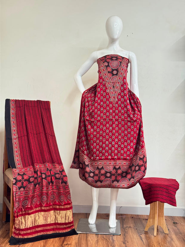 Ajrakh Hand Block Print Natural Dye Pure Modal Silk 3 Piece Suit with Zari Pallu Dupatta