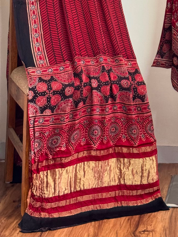 Ajrakh Hand Block Print Natural Dye Pure Modal Silk 3 Piece Suit with Zari Pallu Dupatta