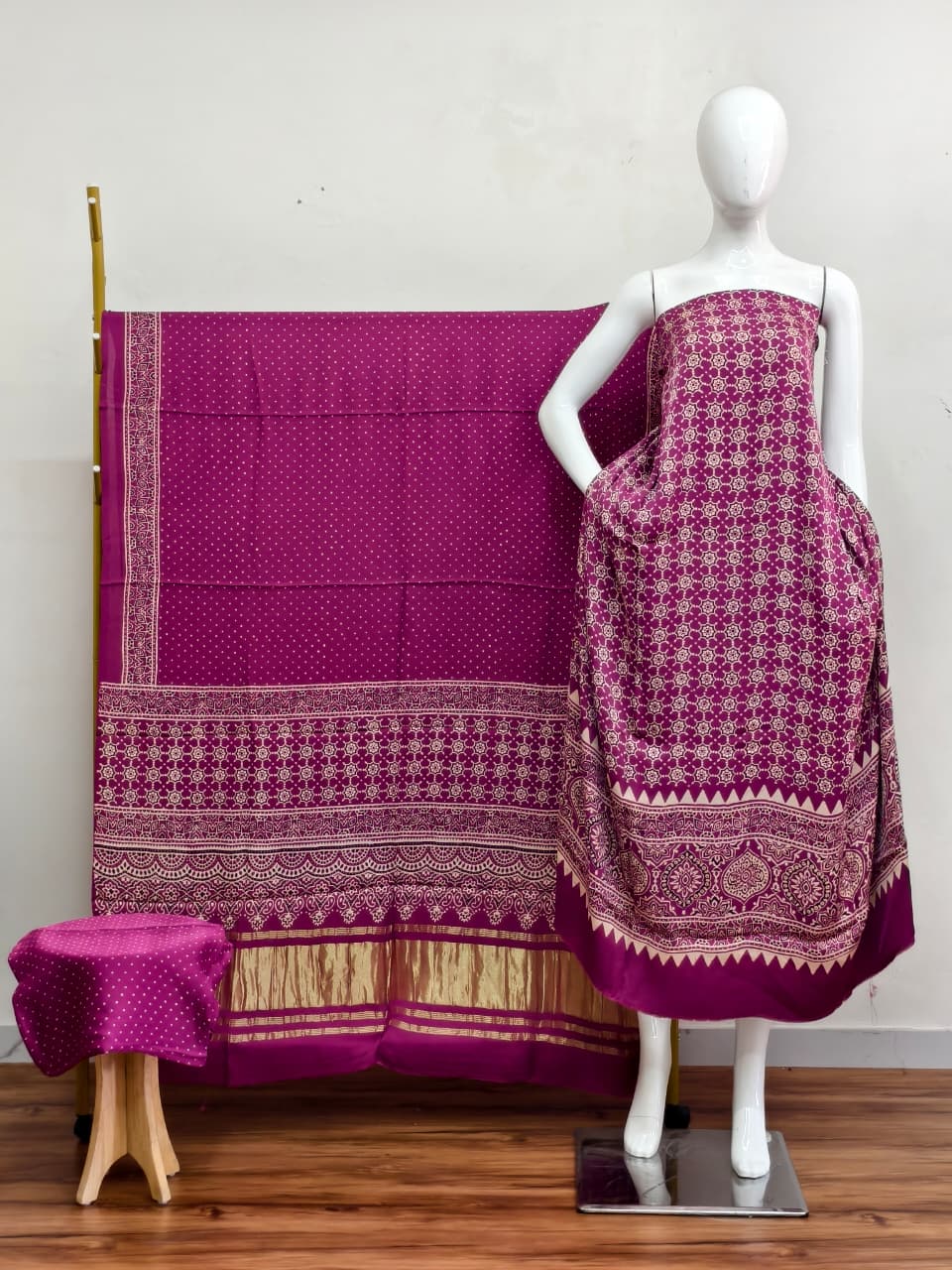 Havi Modal Silk Ajrakh Neptol Dye & Discharge Print Panel Design 3-Piece Suit - The Ajrakh Studio