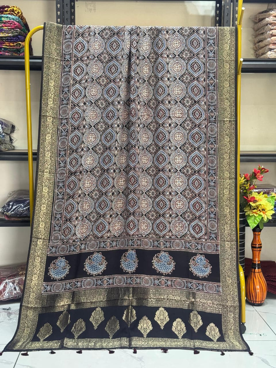 Dola Silk Ajrakh Hand Block Print Natural Dye Zari Pallu Dupatta 21 - The Ajrakh Studio