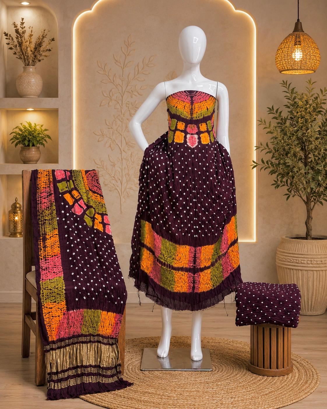 Premium Modal Silk Shibori & Bandhani 3 Piece Suit Set with Zari Pallu Dupatta | Women's Unstitched Dress Material