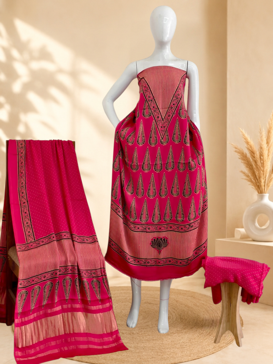 Premium Ajrakh Hand Block Print Modal Silk 3-Piece Suit Set with Zari Pallu Dupatta