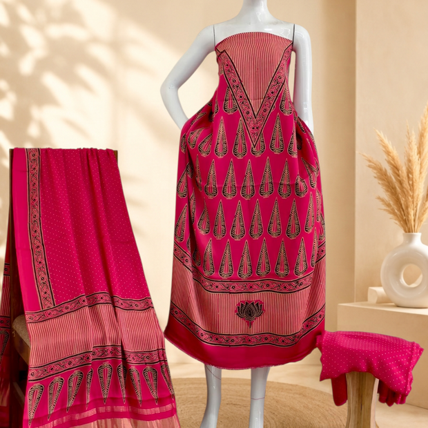 Premium Ajrakh Hand Block Print Modal Silk 3-Piece Suit Set with Zari Pallu Dupatta
