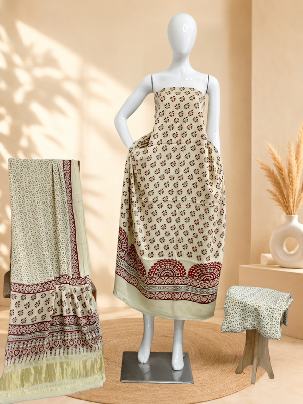 Premium Ajrakh Hand Block Print Modal Silk 3-Piece Suit Set with Zari Pallu Dupatta