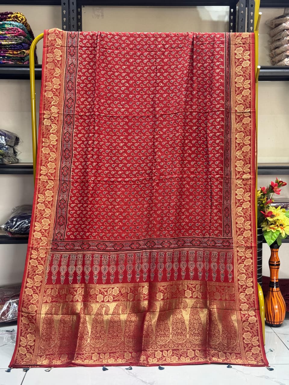 Dola Silk Ajrakh Hand Block Print Natural Dye Zari Pallu Dupatta 17 - The Ajrakh Studio