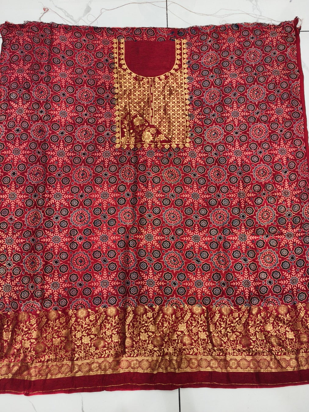 Premium Dola Silk Ajrakh Hand Block Print Natural Dye 2-Piece Suit with Zari Border Dupatta