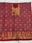 Premium Dola Silk Ajrakh Hand Block Print Natural Dye 2-Piece Suit with Zari Border Dupatta