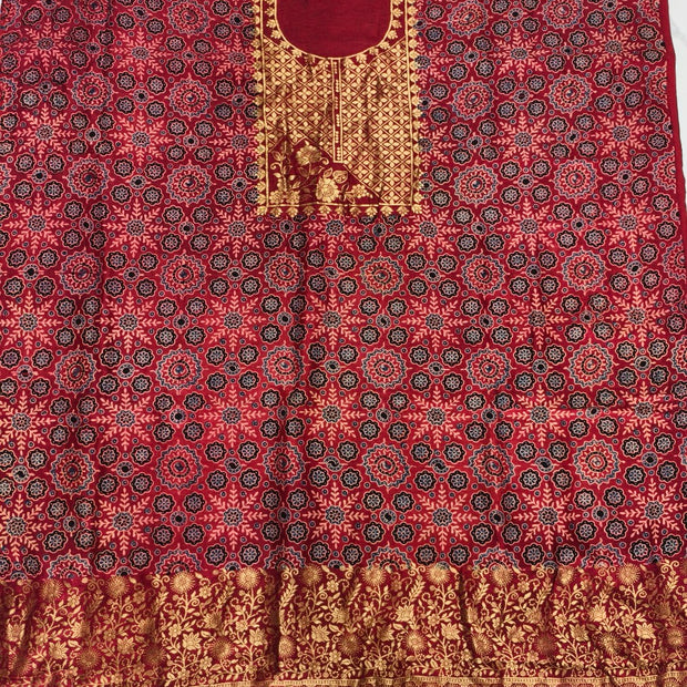 Premium Dola Silk Ajrakh Hand Block Print Natural Dye 2-Piece Suit with Zari Border Dupatta