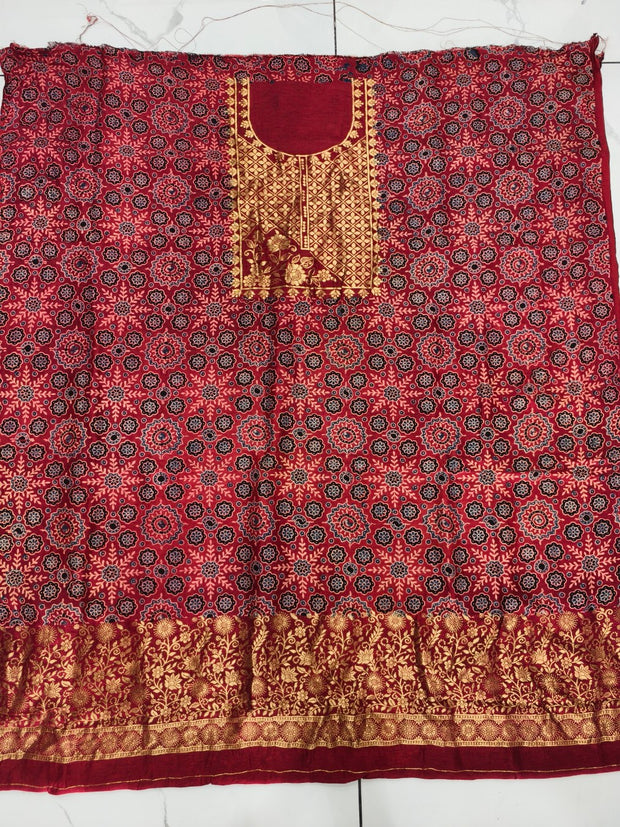 Premium Dola Silk Ajrakh Hand Block Print Natural Dye 2-Piece Suit with Zari Border Dupatta