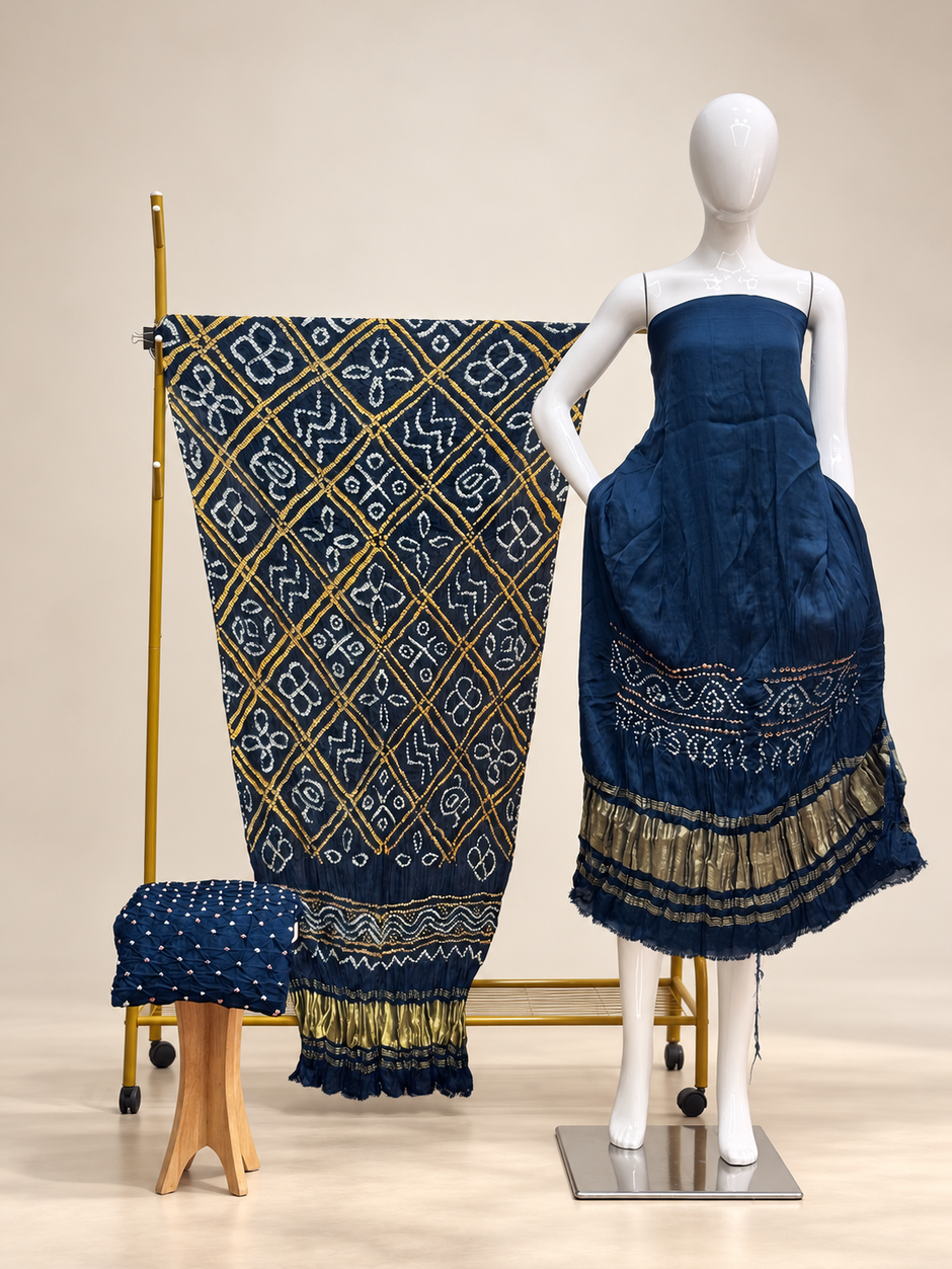 Premium Bandhej Modal Silk 3-Piece Suit with Bar Bhat Dupatta & Zari Pallu - The Ajrakh Studio