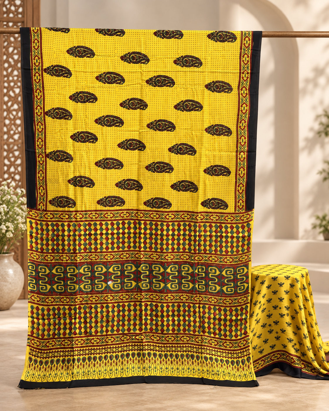 Elegant Modal Silk Ajrakh Hand Block Print Natural Dye Saree - The Ajrakh Studio