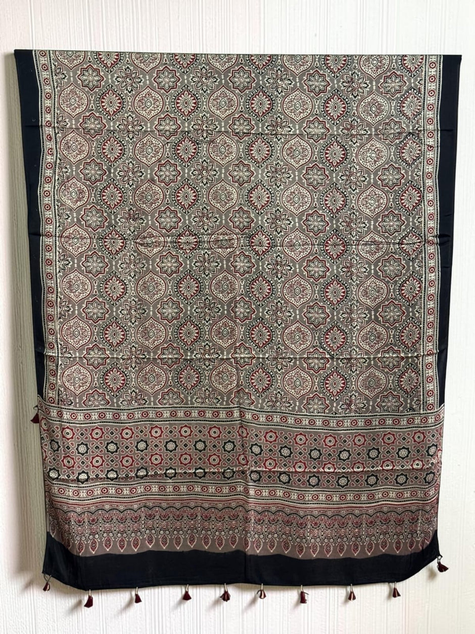 Ajrakh Modal Silk Natural Dye Dupatta with Tassels 24 - The Ajrakh Studio