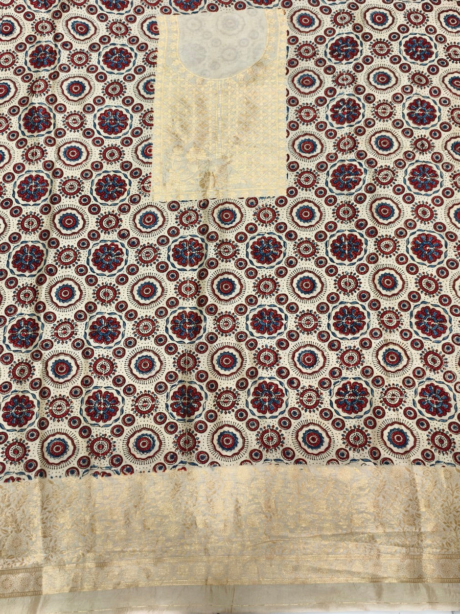 Premium Dola Silk Ajrakh Hand Block Print Natural Dye 2-Piece Suit with Zari Border Dupatta