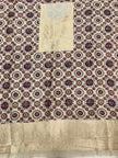 Premium Dola Silk Ajrakh Hand Block Print Natural Dye 2-Piece Suit with Zari Border Dupatta