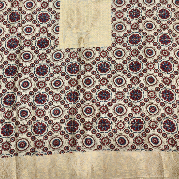Premium Dola Silk Ajrakh Hand Block Print Natural Dye 2-Piece Suit with Zari Border Dupatta
