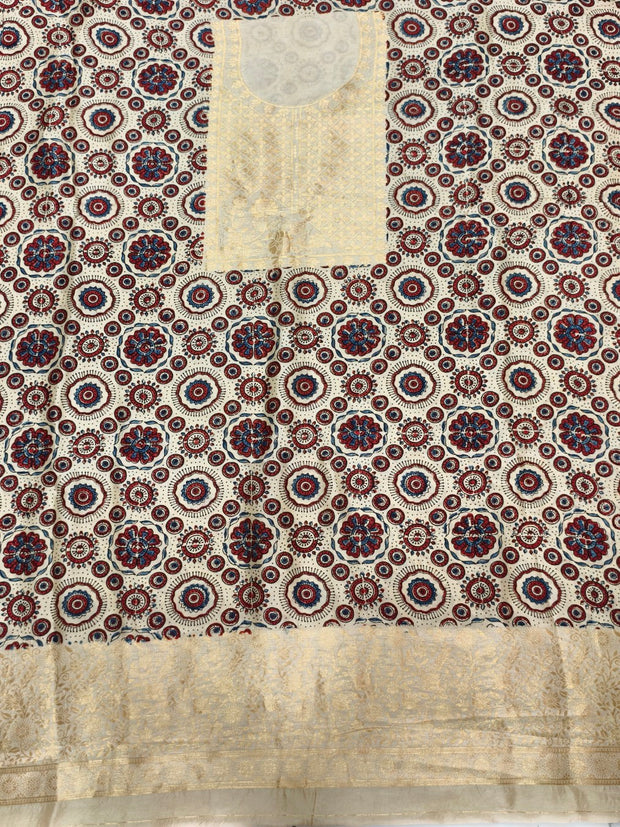 Premium Dola Silk Ajrakh Hand Block Print Natural Dye 2-Piece Suit with Zari Border Dupatta