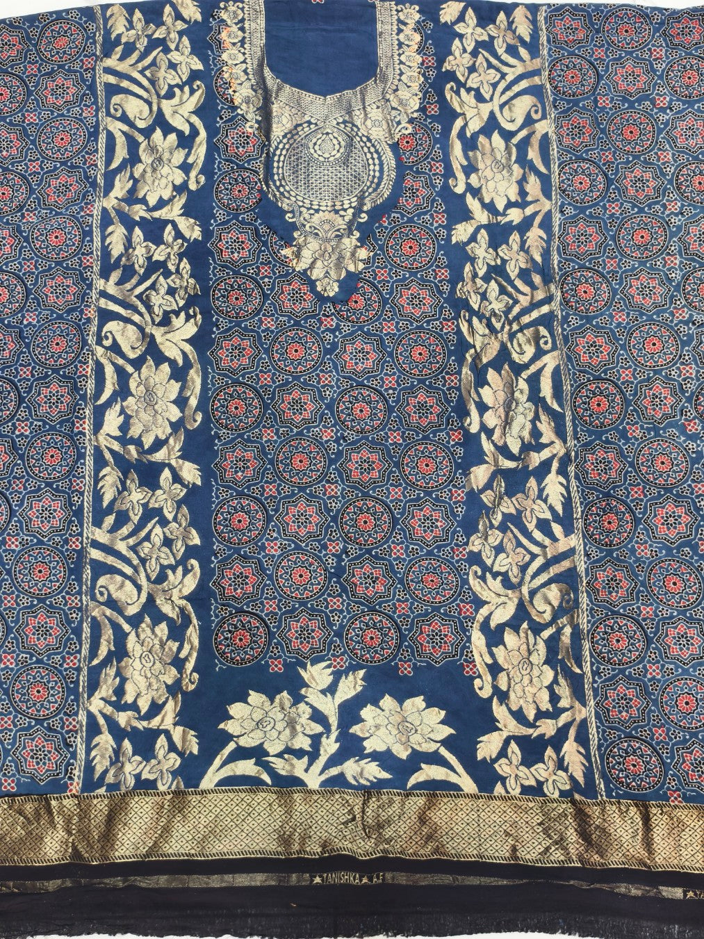 Premium Dola Silk Ajrakh Hand Block Print Natural Dye 2-Piece Suit with Zari Border Dupatta