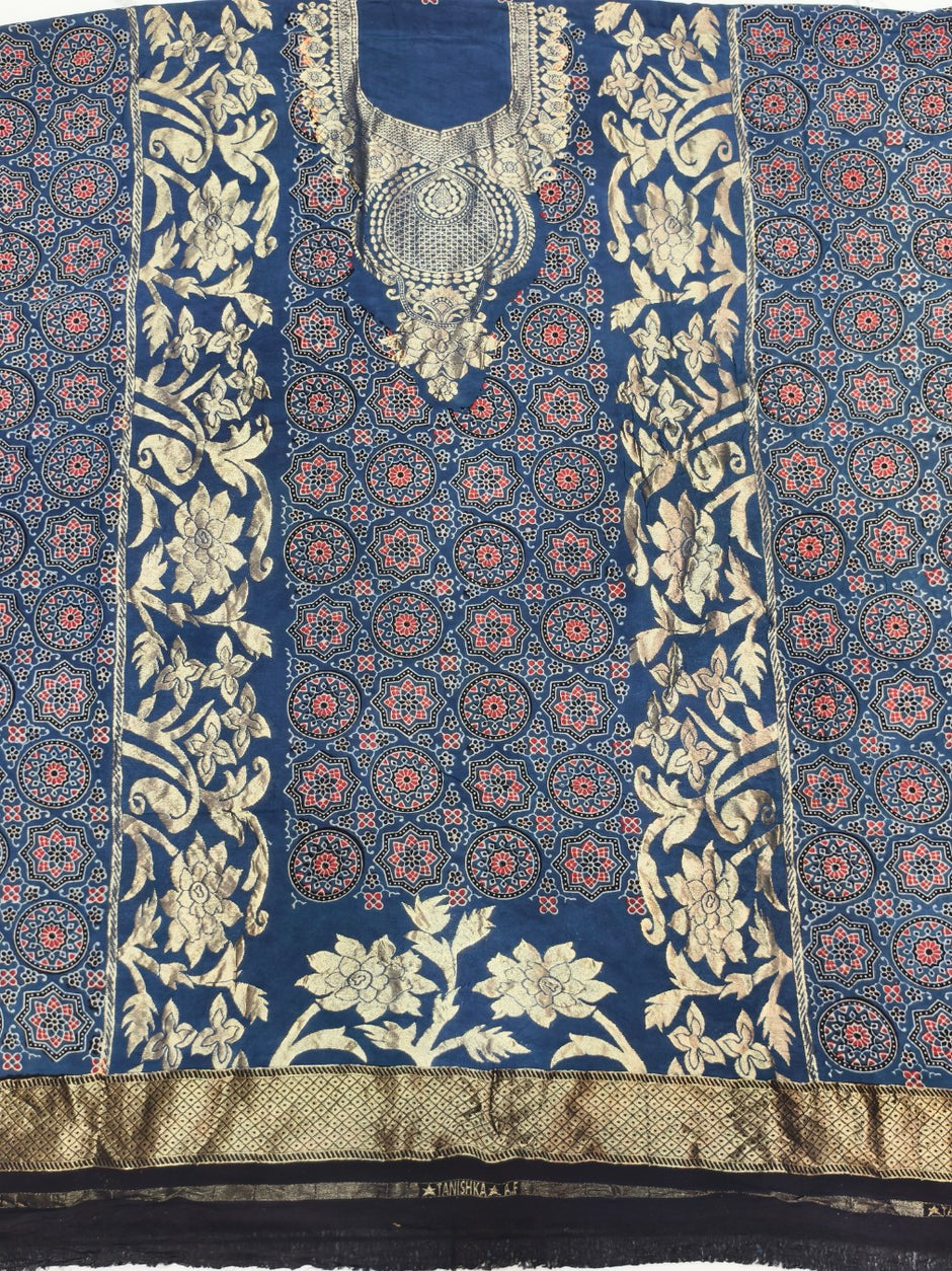 Premium Dola Silk Ajrakh Hand Block Print Natural Dye 2-Piece Suit with Zari Border Dupatta