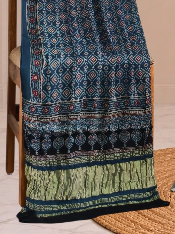 Ajrakh Hand Block Print Natural Dye Pure Modal Silk 3 Piece Suit with Zari Pallu Dupatta