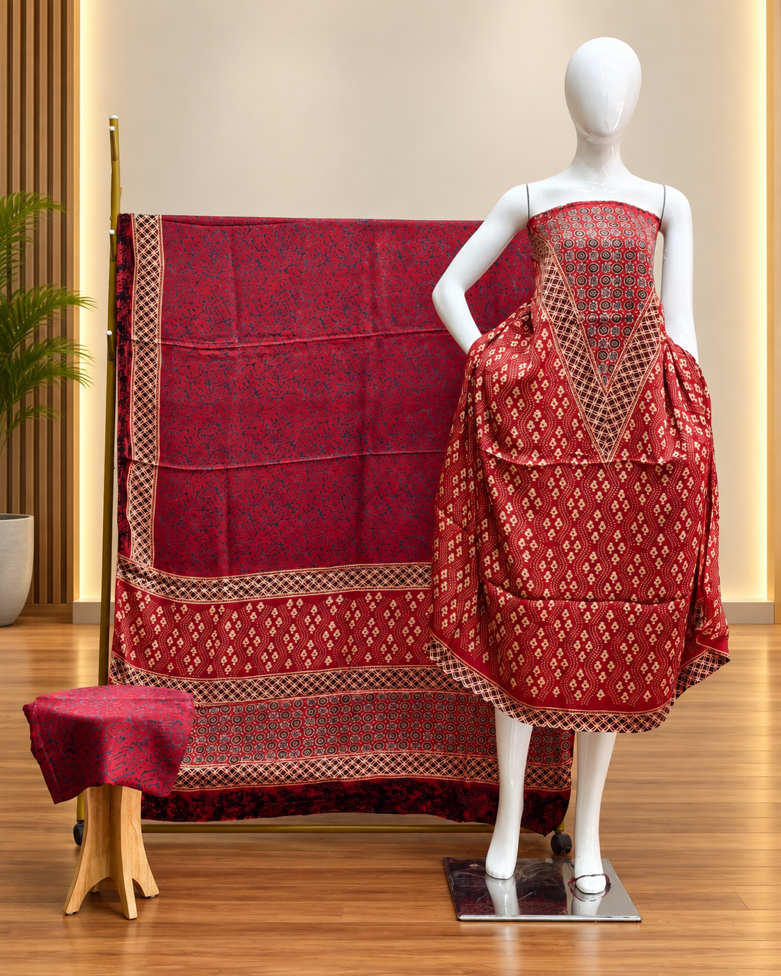 Havi Pure Modal Silk Ajrakh Hand Block Print Natural Dye 3-Piece Suit - The Ajrakh Studio