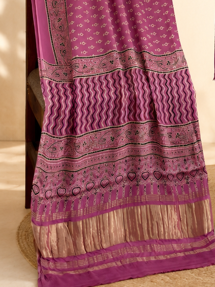 Premium Ajrakh Hand Block Print Modal Silk 3-Piece Suit Set with Zari Pallu Dupatta