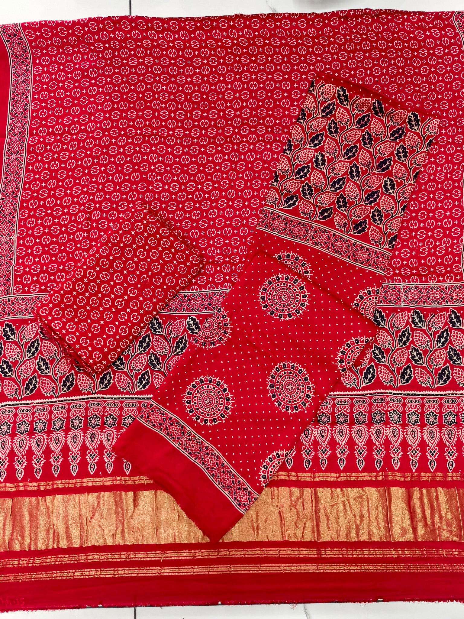 Premium Ajrakh Hand Block Print Modal Silk 3-Piece Suit Set with Zari Pallu Dupatta