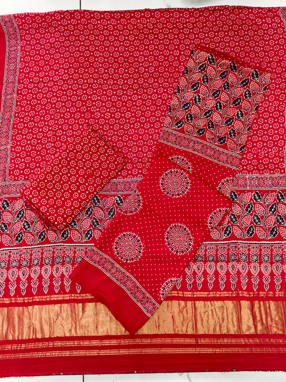 Premium Ajrakh Hand Block Print Modal Silk 3-Piece Suit Set with Zari Pallu Dupatta