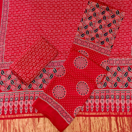 Premium Ajrakh Hand Block Print Modal Silk 3-Piece Suit Set with Zari Pallu Dupatta