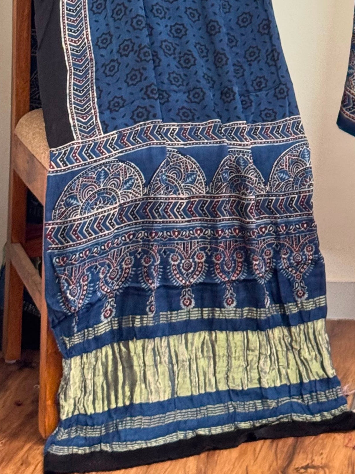 Ajrakh Hand Block Print Natural Dye Pure Modal Silk 3 Piece Suit with Zari Pallu Dupatta