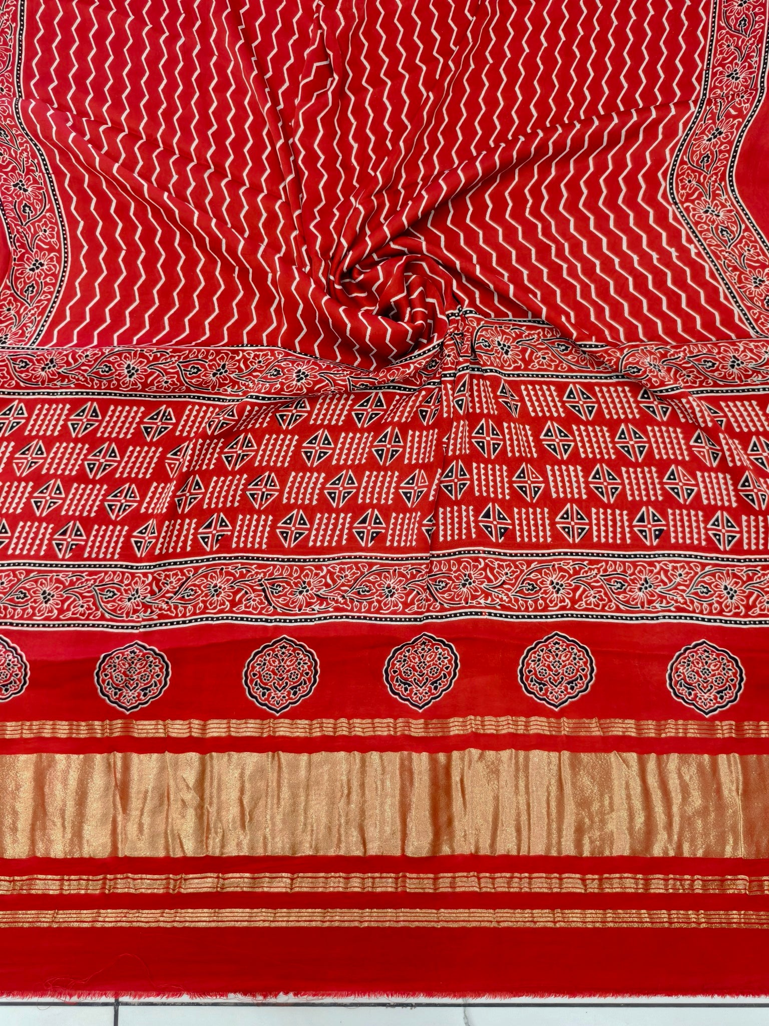 Premium Ajrakh Hand Block Print Modal Silk 3-Piece Suit Set with Zari Pallu Dupatta