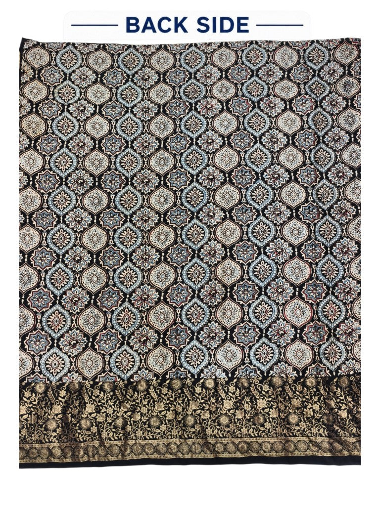 Premium Dola Silk Ajrakh Hand Block Print Natural Dye 2-Piece Suit with Zari Border Dupatta