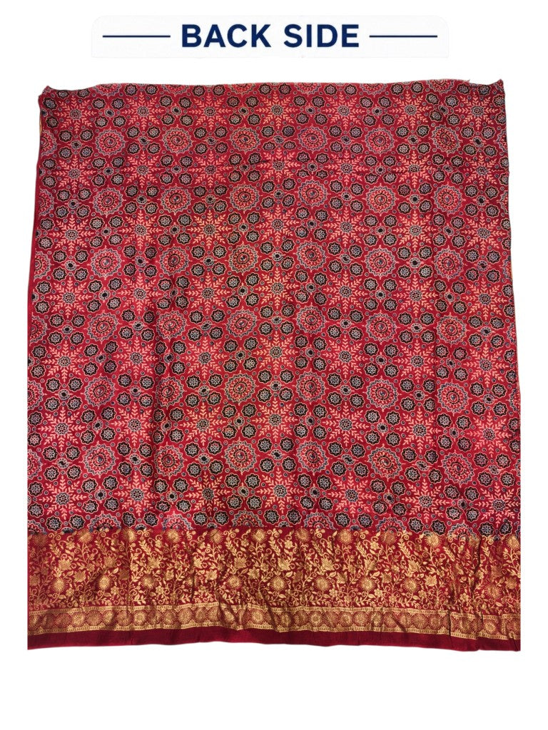 Premium Dola Silk Ajrakh Hand Block Print Natural Dye 2-Piece Suit with Zari Border Dupatta