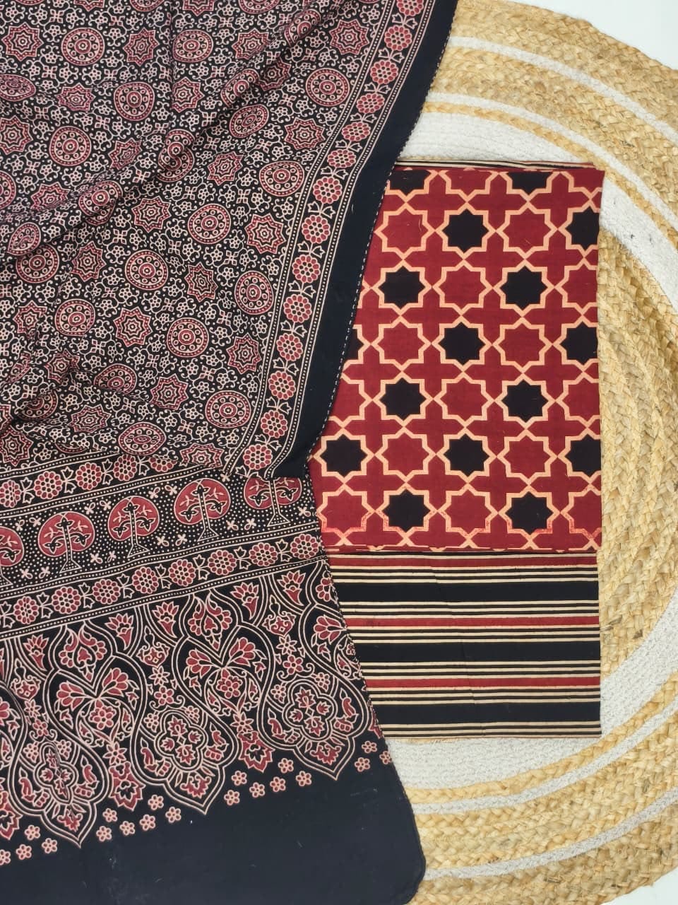 Pure Cotton Ajrakh Screen Print Natural Dye 3-Piece Suit 01 - The Ajrakh Studio