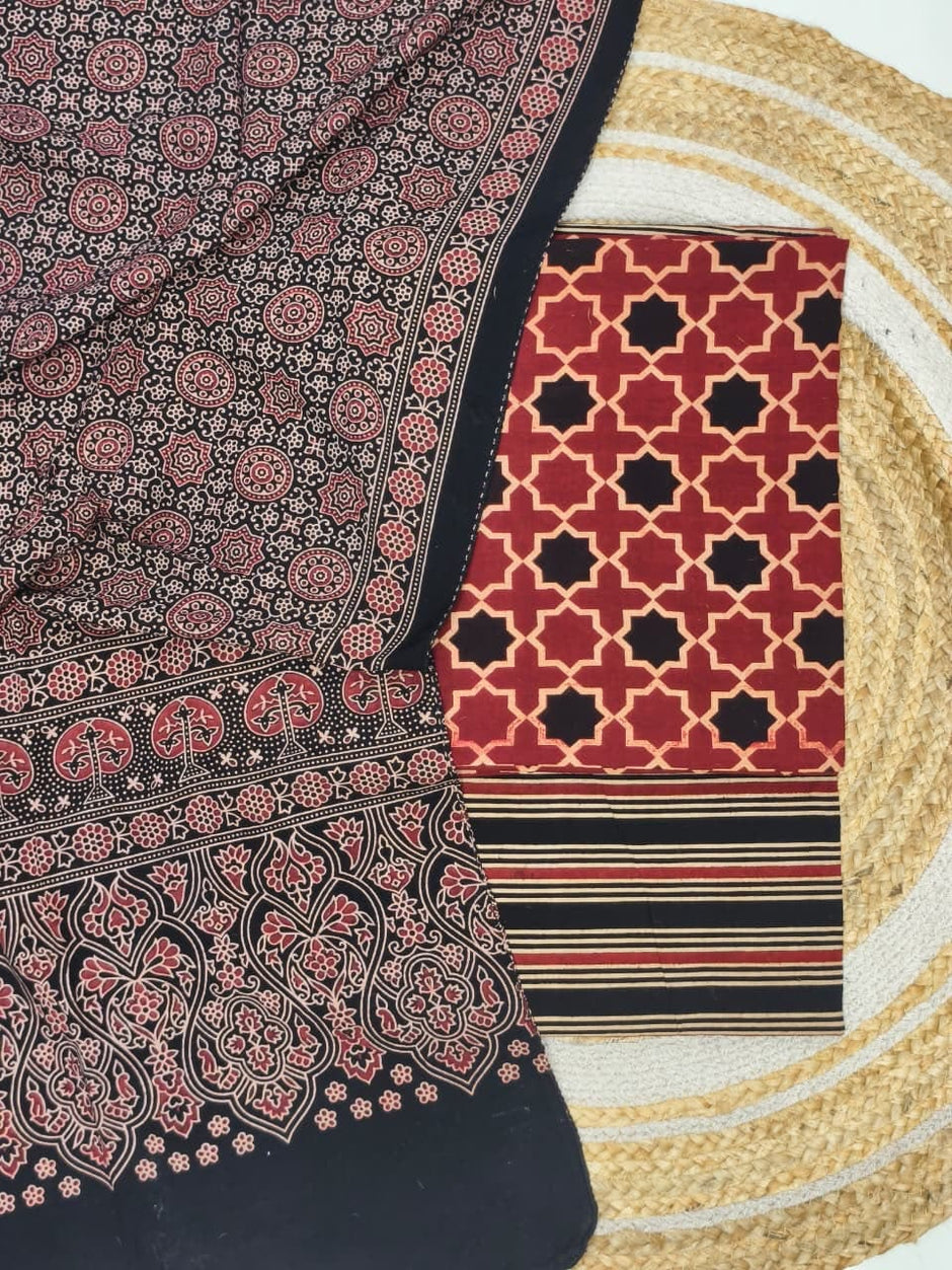 Pure Cotton Ajrakh Screen Print Natural Dye 3-Piece Suit 01 - The Ajrakh Studio
